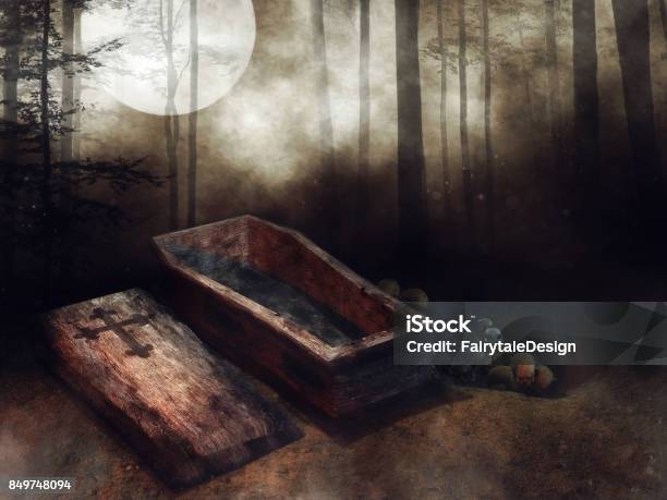 Wooden Coffin Bones And A Dark Forest Stock Photo - Download Image Now - Open, Coffin, Cemetery