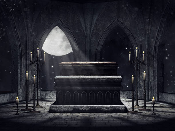Vampire crypt with candles Dark vampire crypt with candles and moonlight. 3D render. vampire stock pictures, royalty-free photos & images