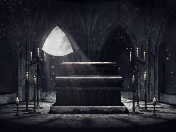 Dark vampire crypt with candles and moonlight. 3D render.