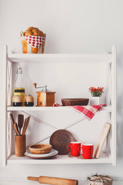 istock White wooden shelf, kitchen rustic furniture 849749214