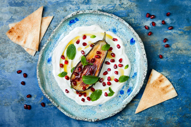 labneh nahöstlichen libanesischen frischkäse dip mit gebratenen auberginen, granatapfel, minze und pita. ansicht von oben, über kopf - gericht des mittleren ostens stock-fotos und bilder