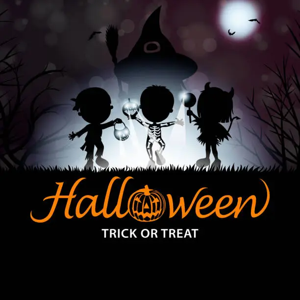 Vector illustration of Halloween Trick or Treat Kids Silhouette