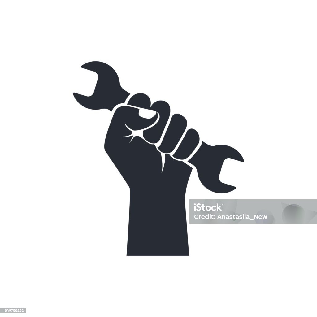 Wrench in hand icon Wrench in hand icon. Black silhouette isolated on white background. Vector illustration flat design. Spanner pictogram. Handle industrial tool for repair. Symbol of heavy mechanical work, logo. Wrench stock vector