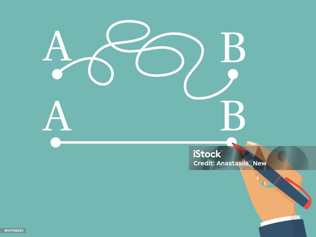 Man holding  pen in hand leads a drawing line from point A to point B Man holding  pen in hand leads a drawing line from point A to point B. Vector illustration flat design. Isolated on background. Straight and complicated path. Concept of problems and solutions. Efficiency stock vector