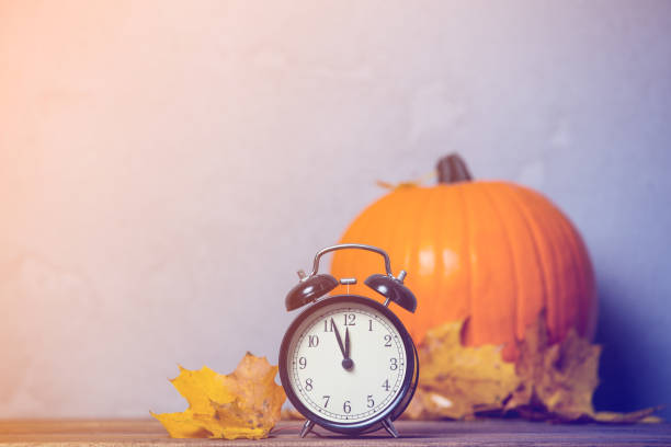 istock Retro alarm clock with leaves with pumpkin on background. 849768010