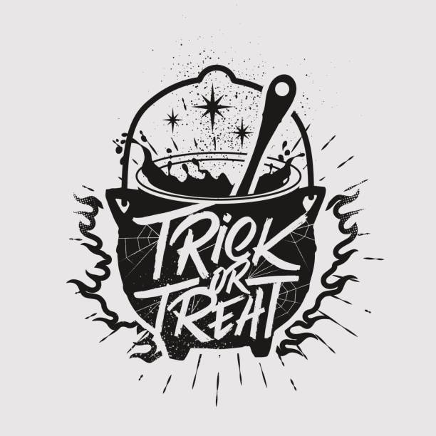 Hand drawn typography Halloween poster. Inspirational typography with Cauldron. Trick or Treat. - ilustração de arte vetorial