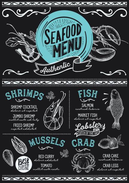 Seafood menu restaurant, food template. Seafood menu for restaurant and cafe. Design template with hand-drawn graphic illustrations. seafood stock illustrations