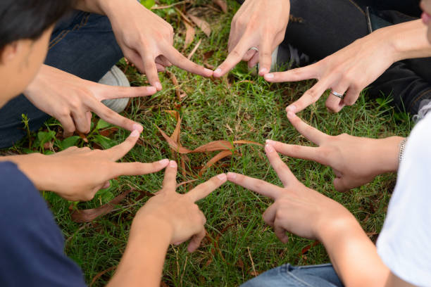 istock Group of hands aligned together to form a star representing unity and bond 849774036