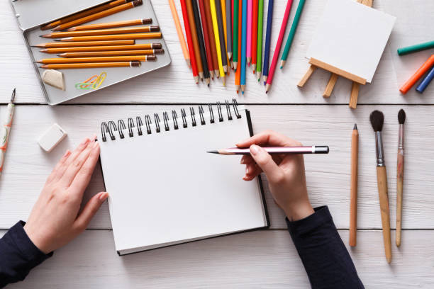 istock Workplace of artist, flat lay, top view, desktop 849774582