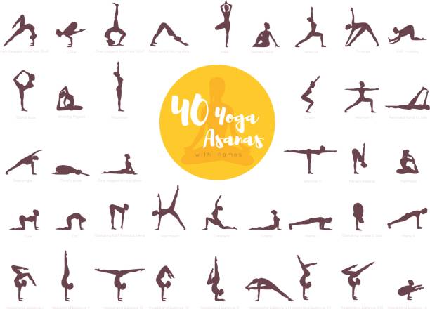 ilustrações de stock, clip art, desenhos animados e ícones de 40 yoga asanas with names - good posture