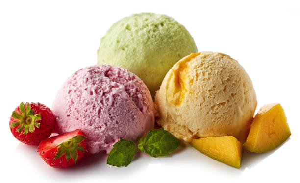 istock Three various ice cream balls - strawberry, mango and mint 849782158