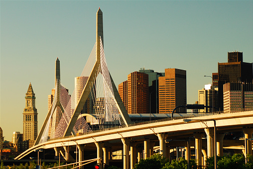 The Leonard Zakim Bridge has become a welcome addition to the Boston Skyline.  The bridge was constructed as part of the Big Dig, where interstate I-93 was placed underground through the city