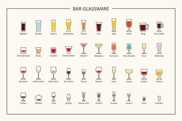 ilustrações de stock, clip art, desenhos animados e ícones de bar glassware guide, colored icons. horizontal orientation. vector - champagne coloured illustrations