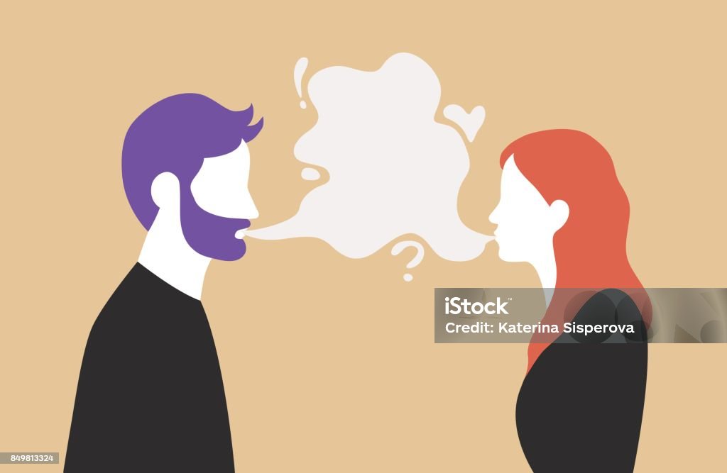 Homme et femme parlant avec bulle de dialogue dans le milieu - illustration vectorielle de couple communication - clipart vectoriel de Parler libre de droits