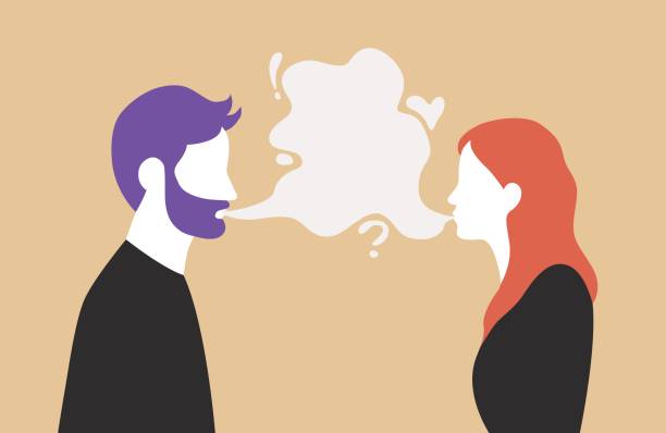 Man and woman talking with speech bubble in the middle - couple communication vector illustration Man and woman talking with speech bubble in the middle - couple communication vector illustration. connection silhouettes stock illustrations