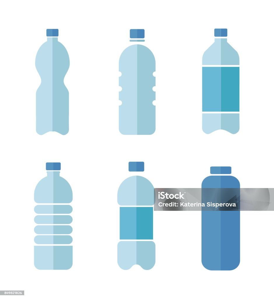Bleu design plat icônes vector set de bouteilles en plastique avec de l’eau propre, isolé sur fond blanc - clipart vectoriel de Bouteille d'eau minérale libre de droits