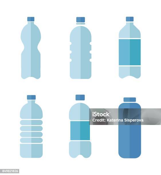 Blue Vector Flat Design Icons Set Of Plastic Bottles With Clean Water Isolated On White Background Stock Illustration - Download Image Now