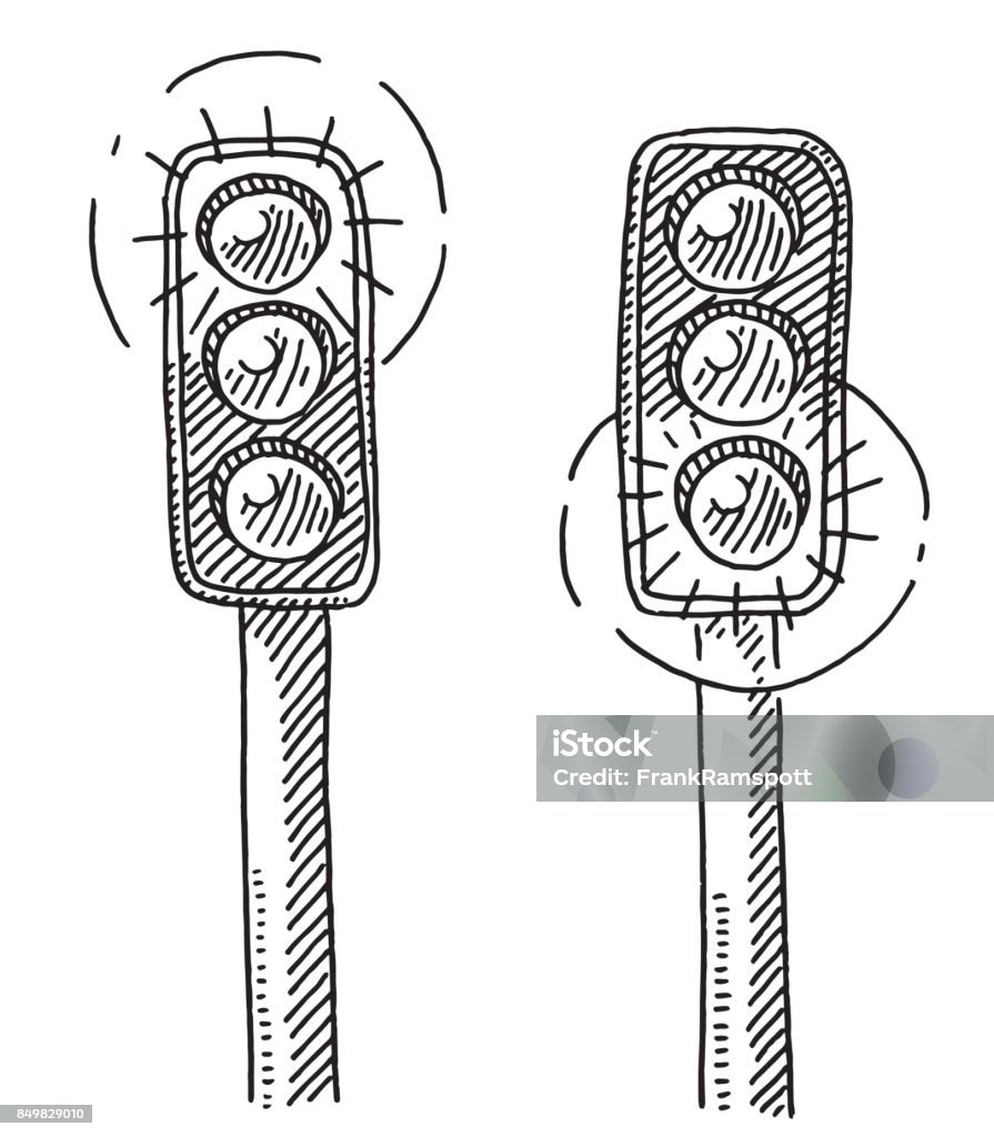 Traffic Lights Red And Green Drawing Hand-drawn vector drawing of Traffic Lights showing Red And Green. Black-and-White sketch on a transparent background (.eps-file). Included files are EPS (v10) and Hi-Res JPG. Green Light - Stoplight stock vector