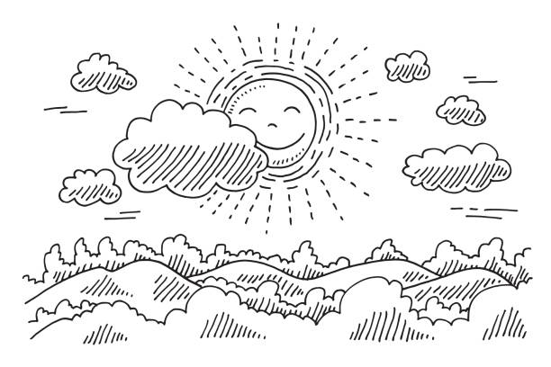 Comforable Sun Calm Landscape Drawing Hand-drawn vector drawing of a Comforable Sun in a Calm Landscape. Black-and-White sketch on a transparent background (.eps-file). Included files are EPS (v10) and Hi-Res JPG. drawing of happy stock illustrations