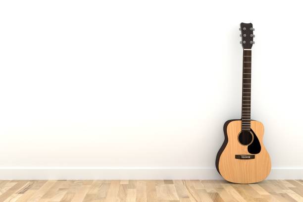 istock acoustic guitar in empty white room wood parquet floor in 3D rendering 849829476