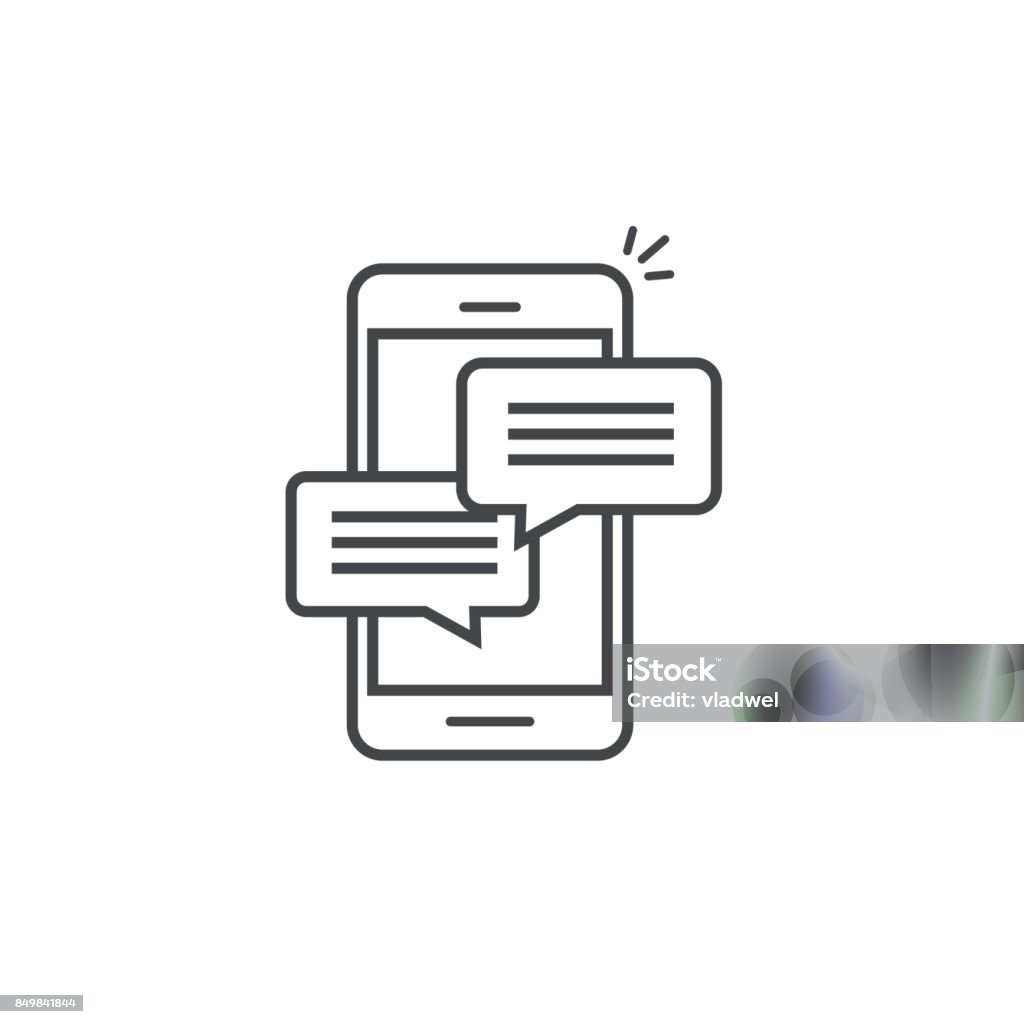 Mobile phone chat message notifications vector icon isolated line outline, smartphone chatting bubble speeches pictogram, concept of online talking, speak messaging, conversation, dialog symbol Mobile phone chat message notifications vector icon isolated line outline style, smartphone chatting bubble speeches pictogram, concept of online talking, speak messaging, conversation, dialog symbol Text Messaging stock vector