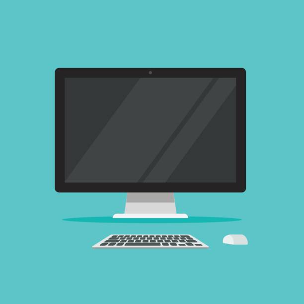 Monitor keyboard and mouse vector illustration isolated on color background flat cartoon, idea of computer workplace, working table, work desk with pc Monitor keyboard and mouse vector illustration isolated on color background flat cartoon style, idea of computer workplace, working table, work desk with pc clicking screen stock illustrations