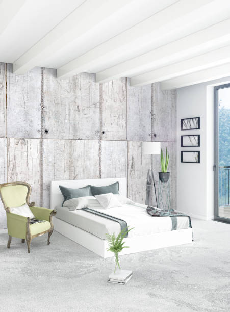 istock White bedroom minimal style Interior design with wood wall and grey sofa. 3D Rendering. 3D illustration 849845120