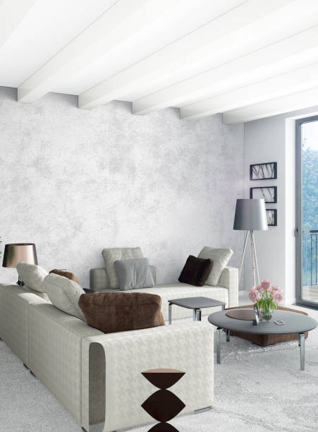 istock White bedroom minimal style Interior design with wood wall and grey sofa. 3D Rendering. 3D illustration 849846610