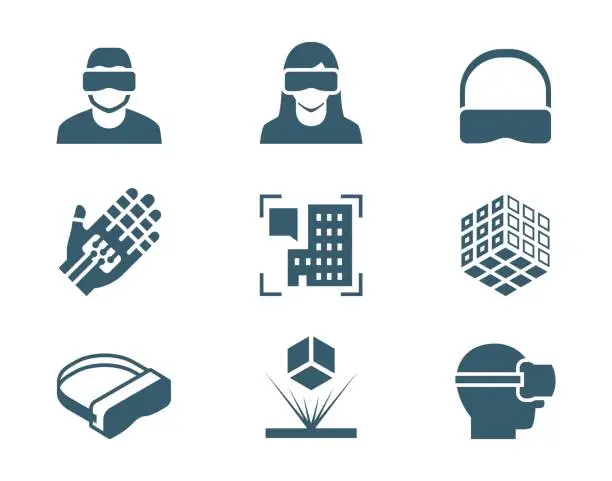 Vector illustration of VR or virtual reality, augmented reality and hologram technology vector icon set