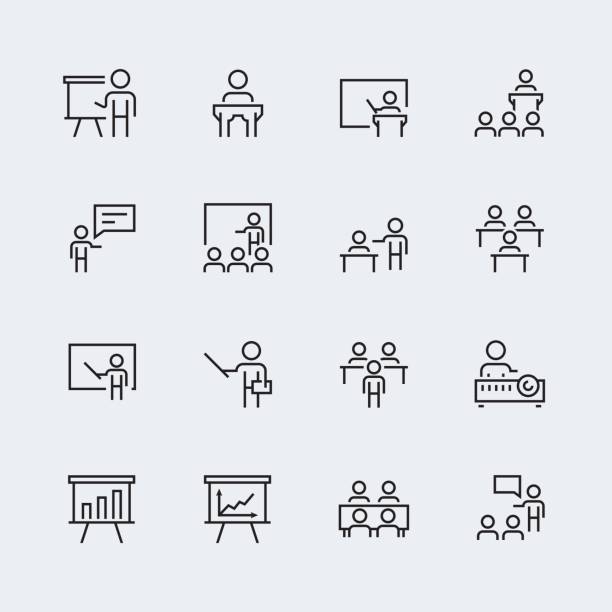 stockillustraties, clipart, cartoons en iconen met opleiding, presentatie pictogrammenset in dunne lijnstijl - universitair docent