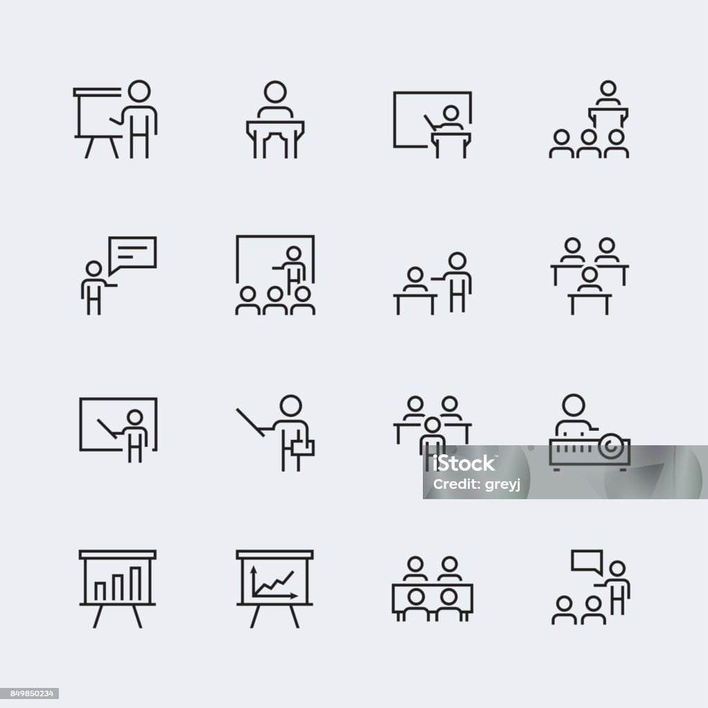 Training, presentation icon set in thin line style Icon Symbol stock vector