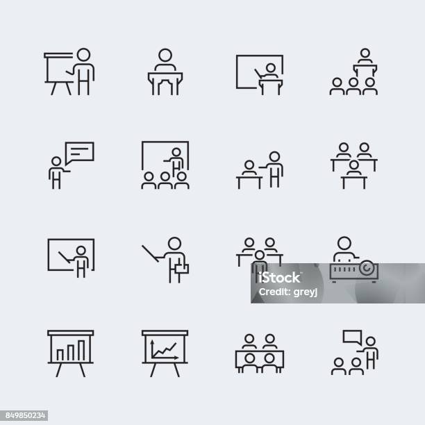 Training Presentation Icon Set In Thin Line Style Stock Illustration - Download Image Now - Icon Symbol, Professor, Teacher