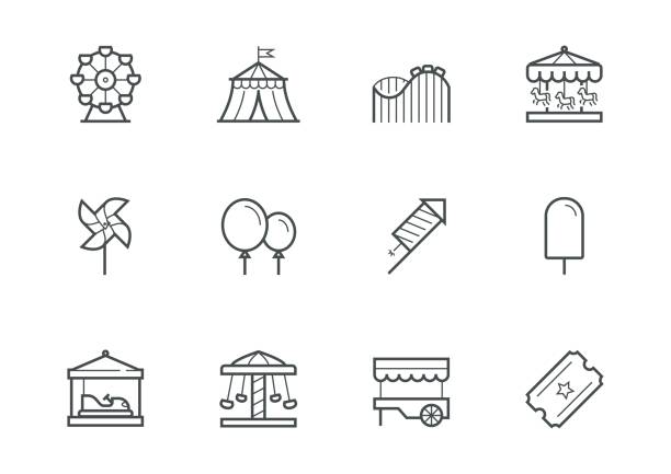 Theme amusement park icon set in thin line style Theme amusement park icon set in thin line style amusement park stock illustrations