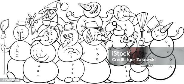 Snowmen Group Cartoon Coloring Book Stock Illustration - Download Image Now - Arranging, Black And White, Book