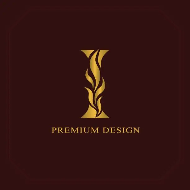 Vector illustration of Gold Elegant letter I. Graceful style. Calligraphic beautiful sign. Vintage drawn emblem for book design, brand name, business card, Restaurant, Boutique, Hotel. Vector illustration