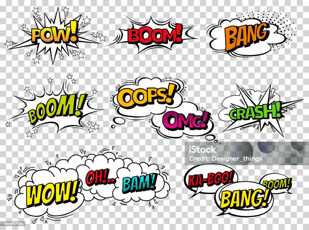 Comic book sound effect speech bubbles, expressions. Collection vector bubble icon speech phrase, cartoon exclusive font label tag expression, sounds illustration background. Comics book balloon Comic book sound effect speech bubbles, expressions. Collection vector bubble icon speech phrase, cartoon exclusive font label tag expression, sounds illustration background. Comics book balloon. Comic Book stock vector
