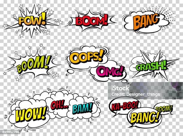 Comic Book Sound Effect Speech Bubbles Expressions Collection Vector Bubble Icon Speech Phrase Cartoon Exclusive Font Label Tag Expression Sounds Illustration Background Comics Book Balloon Stock Illustration - Download Image Now