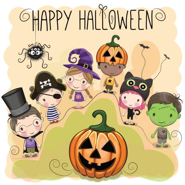 urocza ilustracja halloweenowa z dziećmi - six animals audio stock illustrations