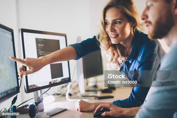 Software Engineers Working On Project And Programming In Company Stock Photo - Download Image Now