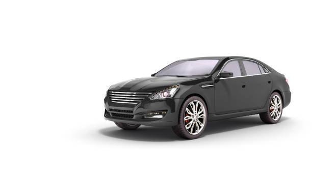 vista studio auto nero rendering 3d su sfondo bianco - sedan foto e immagini stock