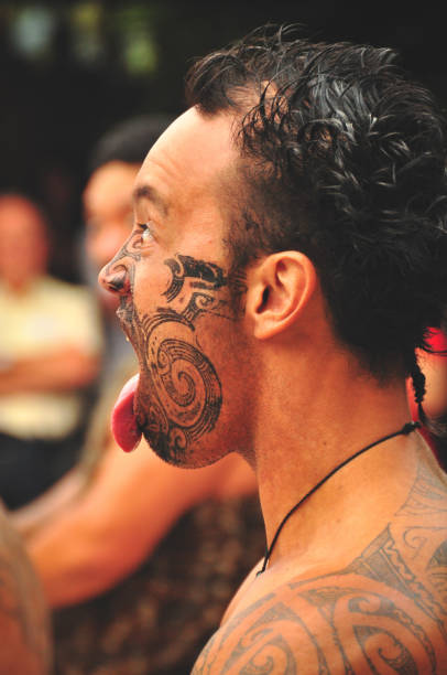 лицо хака - maori new zealand tattoo art стоковые фото и изображения