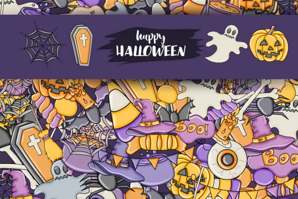 Vector illustration of Halloween background. Holiday design elements. Template for flyer, brochure, banner, advertisement. Vector illustration.