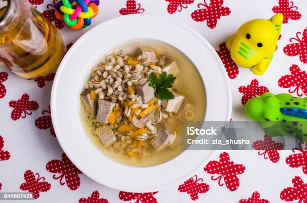 Soup With Pearl Barley Stock Photo - Download Image Now - Backgrounds, Barley, Beef