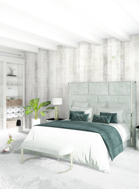 istock White bedroom minimal style Interior design with wood wall and grey sofa. 3D Rendering. 3D illustration 849893954