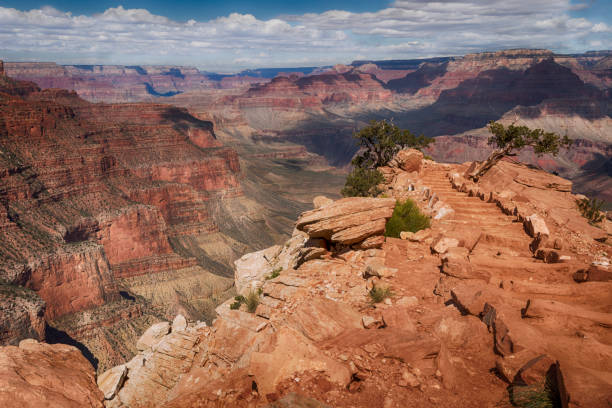 stairway to heaven in the Grand Canyon Stairs in red rocks on Cedar Ridge disappear into the air on the South Kaibab hiking Trail from the southern entrance of the Grand Canyon on a spring day, Grand Canyon National Park, Arizona, USA south kaibab trail stock pictures, royalty-free photos & images