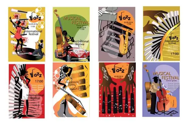 Vector illustration of Set of  posters with musicians and musical instruments.