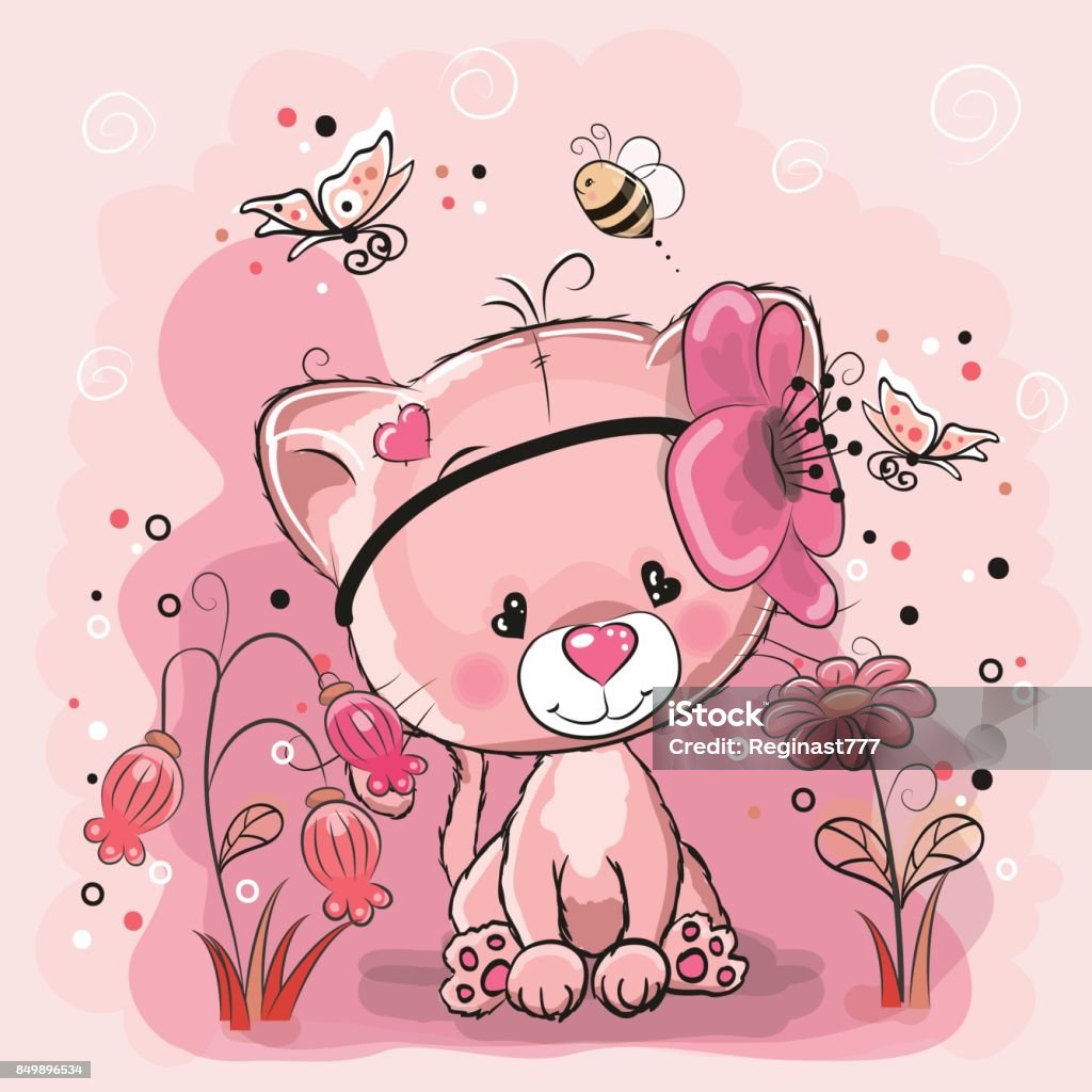Cat with flowers Two Cute Cats with hearts on a pink background Animal stock vector