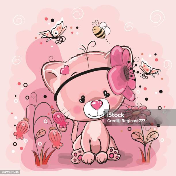 Cat With Flowers Stock Illustration - Download Image Now - Animal, Art, Baby - Human Age