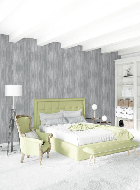 istock White bedroom minimal style Interior design with wood wall and grey sofa. 3D Rendering. 3D illustration 849901096