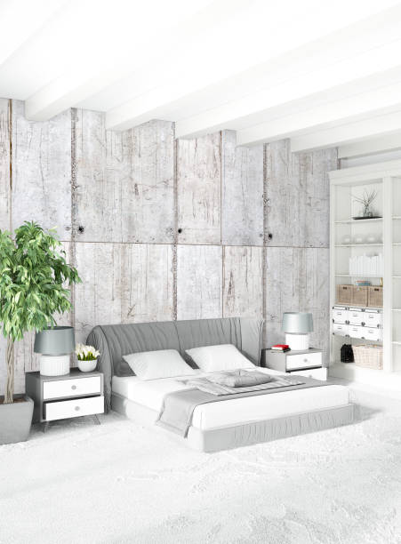istock White bedroom minimal style Interior design with wood wall and grey sofa. 3D Rendering. 3D illustration 849901508